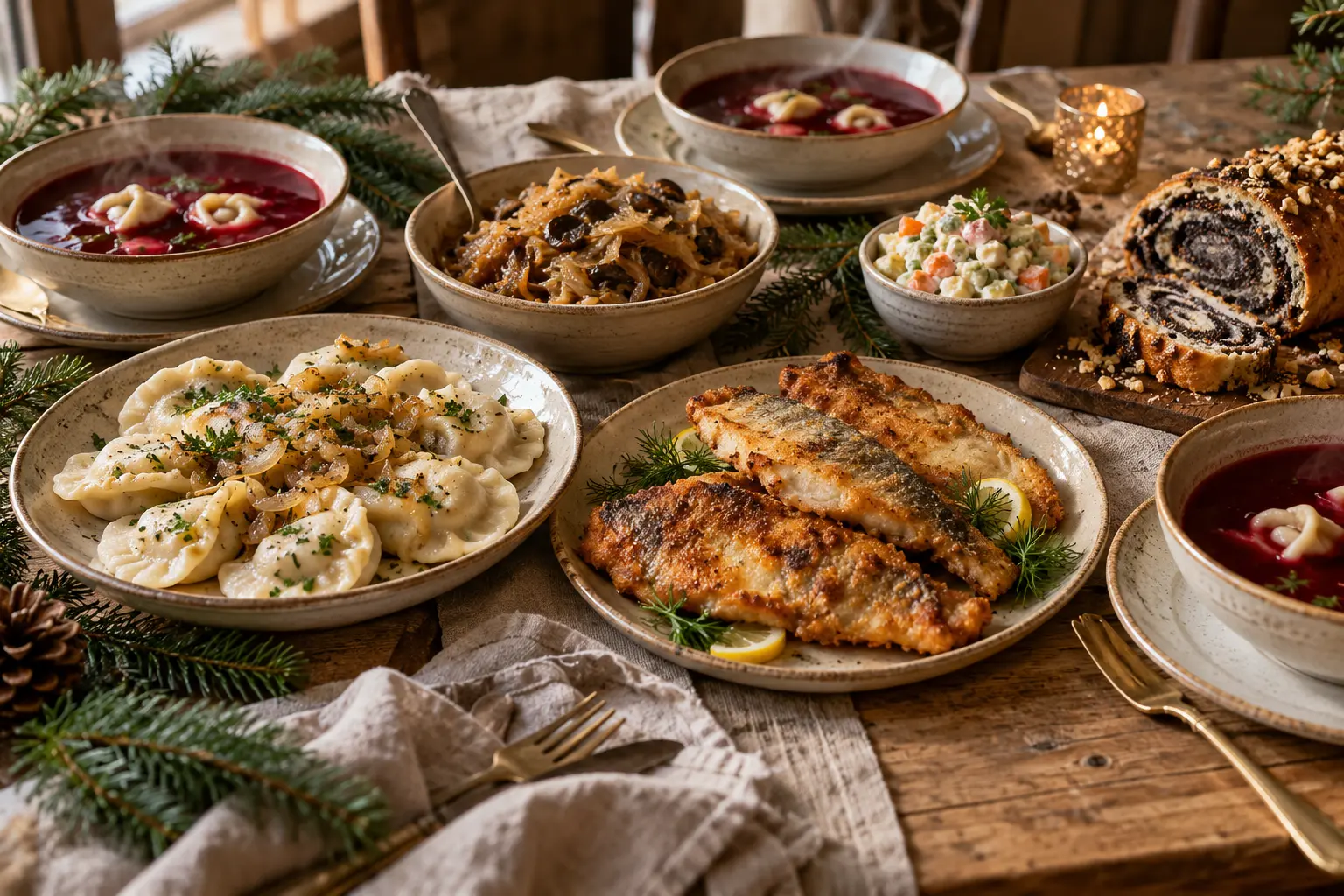 Wizualizacja świątecznego cateringu: barszcz z uszkami, karp, pierogi, kapusta, sałatka i makowiec